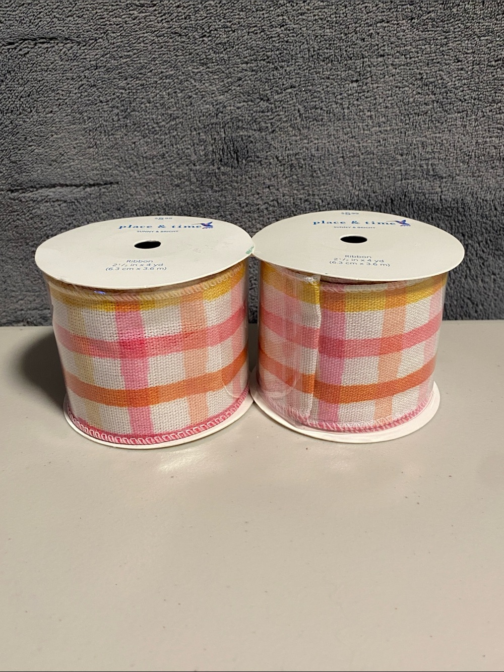 Set of 2 NWT Pastel Yellow, Orange and Pink Checkered Ribbons